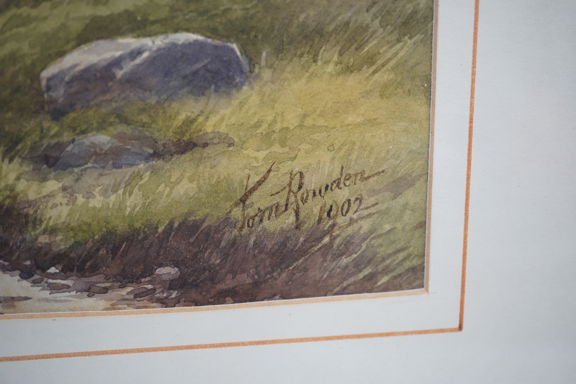 Tom Rowden (1842-1926), watercolour, Mountainous landscape with flock of sheep and shepherd, signed and dated 1902, 17 x 47cm. Condition - fair